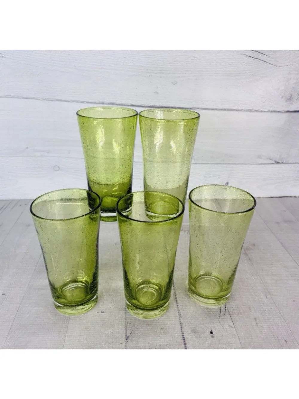 Hand-Blown Weighted Base Flared Artisan Mexico Lime Green Glass Tumbler Set of 5